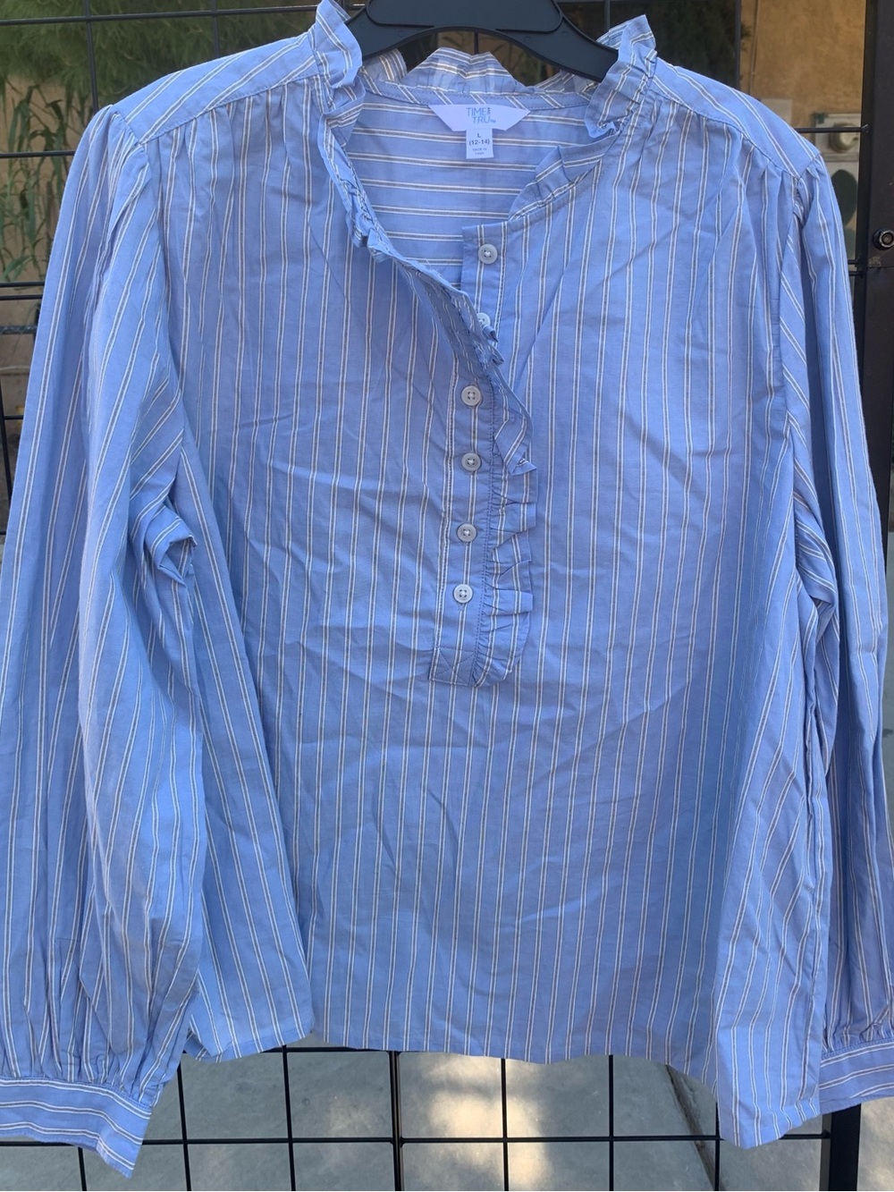NWT Time and Tru Light Blue Stripe Ruffle Collar Blouse